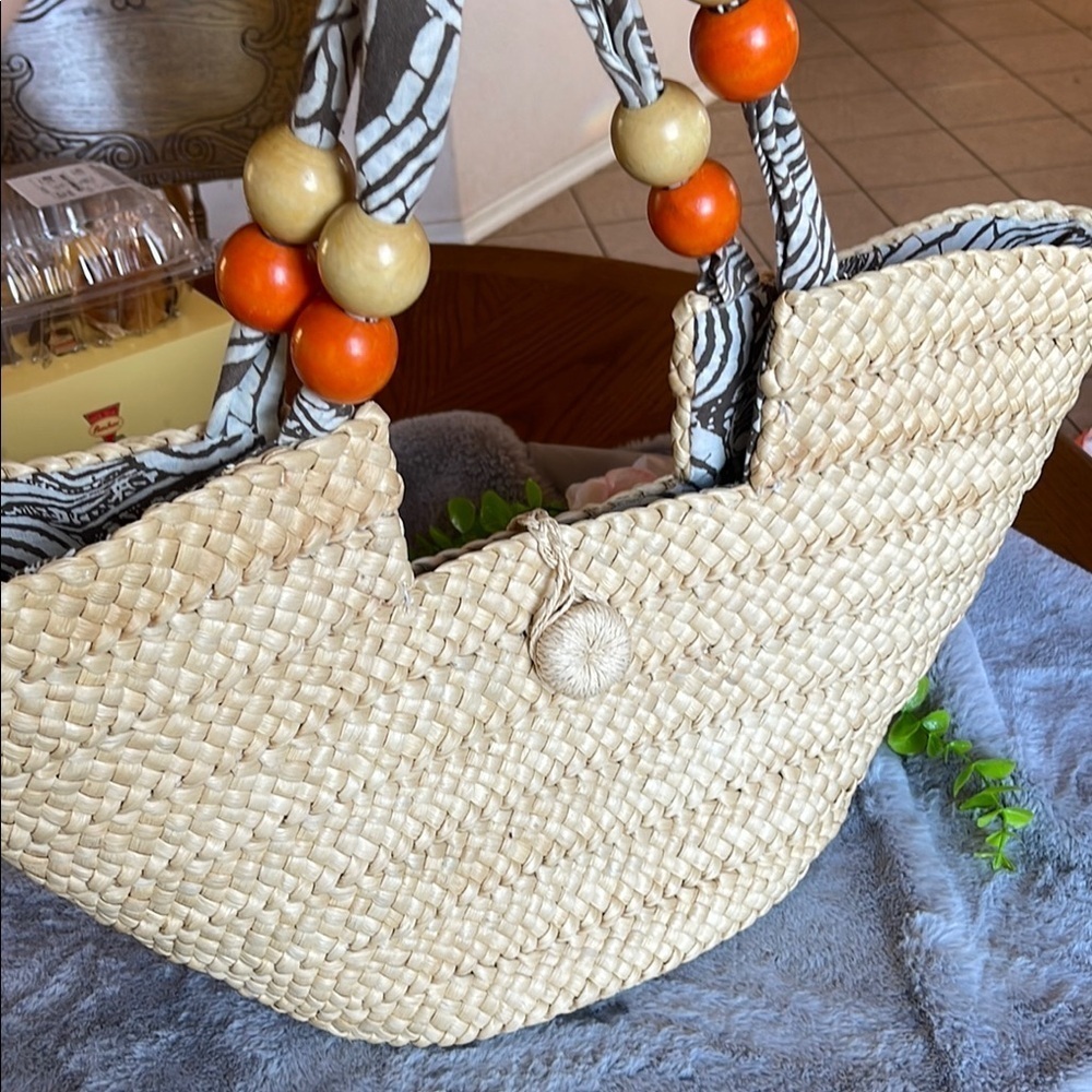 AHAVA Straw Tote with Orange and Cream Accents